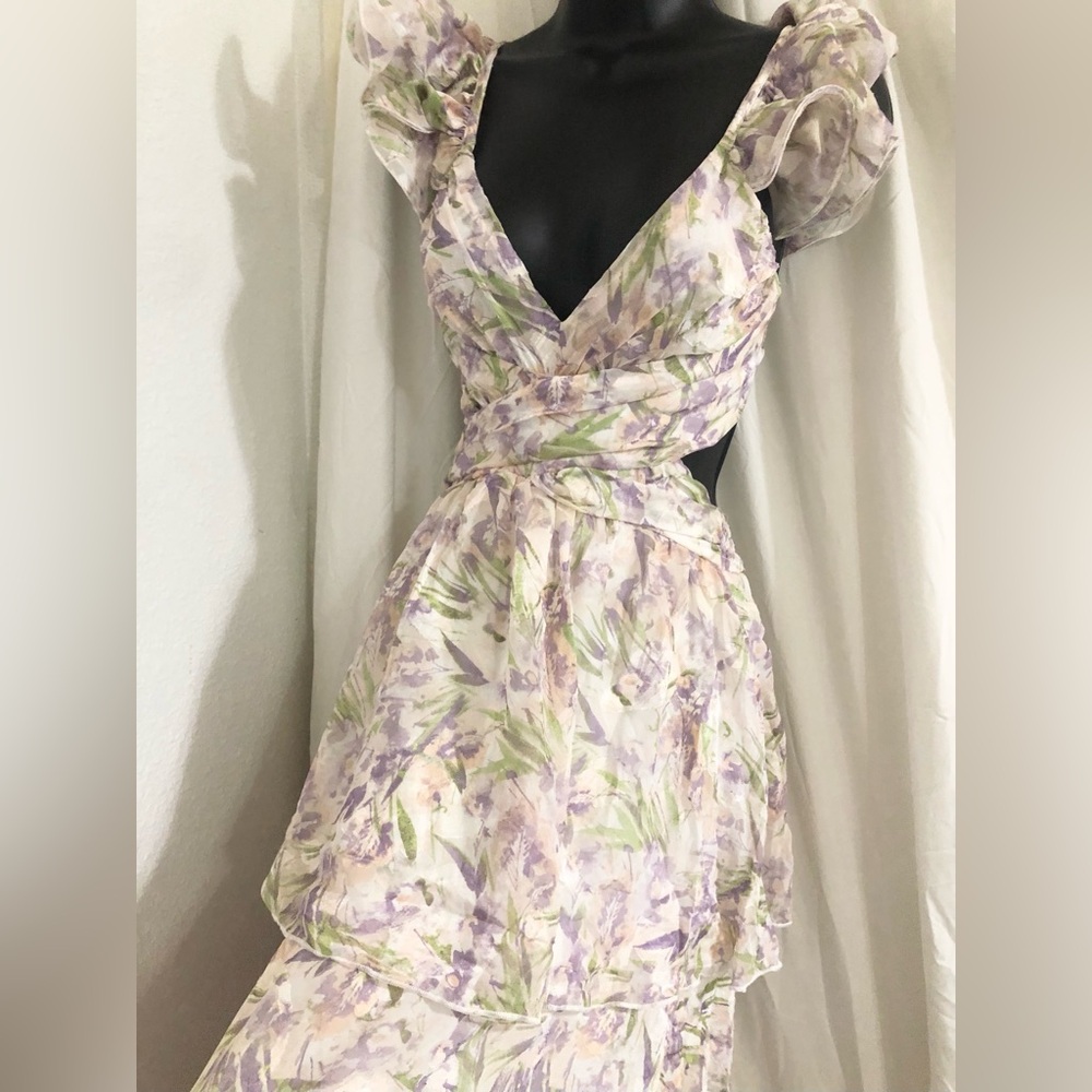 Ethereal ruffled shoulder sweetheart neckline cutout
layered maxi dress size XS - Picture 5 of 16